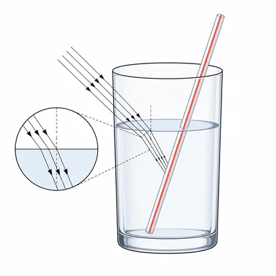 A straw in a glass of water appears bent because light refracts at the water surface.