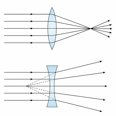A convex lens converges parallel rays, while a concave lens diverges parallel rays.