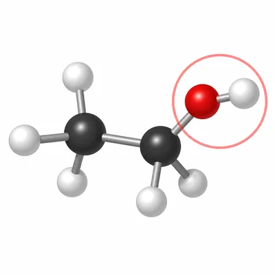 Ball-and-stick model of ethanol with the hydroxyl group highlighted.