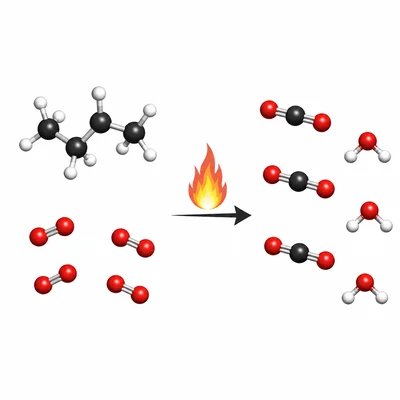 Combustion diagram showing a hydrocarbon and oxygen forming carbon dioxide and water.