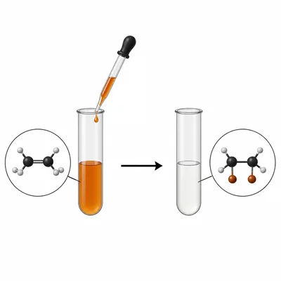 Bromine water test diagram showing orange-brown liquid becoming colorless when an unsaturated compound reacts.