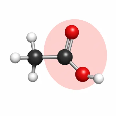 Ball-and-stick model of ethanoic acid with the carboxyl group highlighted.