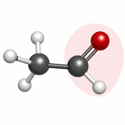 Ball-and-stick model of ethanal with the aldehyde group highlighted.