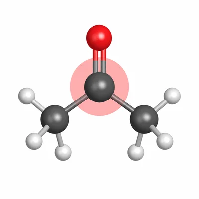 Ball-and-stick model of propanone with the ketone carbonyl group highlighted.