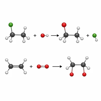 Two reaction sequences showing substitution as replacement and addition as atoms joining across a double bond.