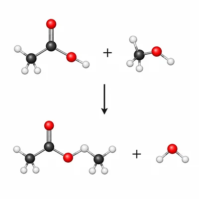 Reaction diagram showing a carboxylic acid and an alcohol forming an ester and water.