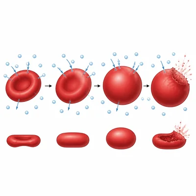 Red blood cells taking in water, swelling, and possibly bursting in a hypotonic solution.