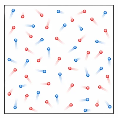 Evenly distributed particles still moving in opposite directions at equilibrium.