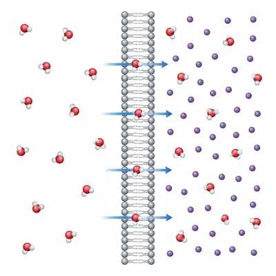 Water molecules moving through a membrane toward the side with more solute.