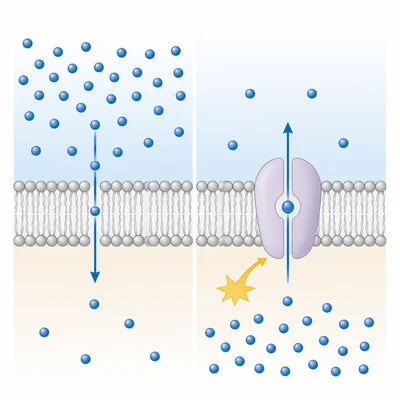 Passive movement down a gradient compared with active transport through a protein pump.