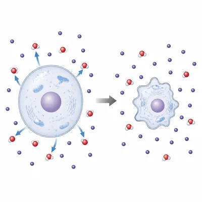 A cell losing water and shrinking in a solution with higher solute concentration outside.