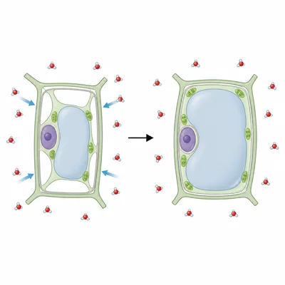 A plant cell taking in water and becoming turgid in distilled water.