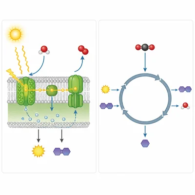 Side-by-side comparison of light reactions and Calvin cycle inputs and outputs.