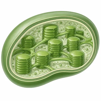 Cutaway chloroplast showing thylakoid stacks surrounded by stroma.