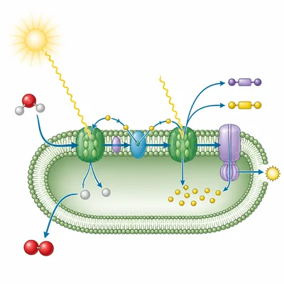 Light reactions diagram showing sunlight and water entering a thylakoid and oxygen and energy carriers leaving.