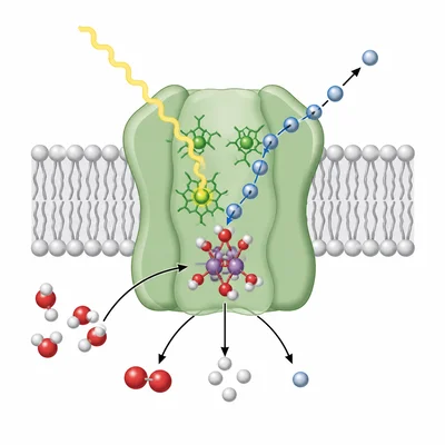 Water splitting at a photosystem, producing oxygen, protons, and electrons.