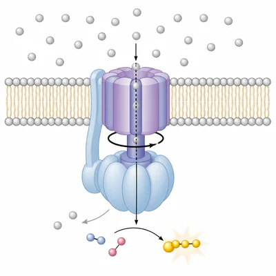 Protons moving through ATP synthase across a thylakoid membrane to form an energy molecule.