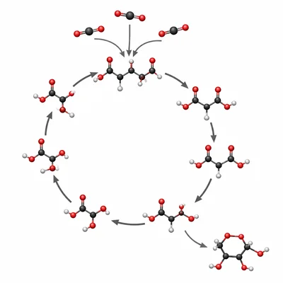 Carbon dioxide molecules entering a circular Calvin cycle pathway, with a sugar molecule leaving.