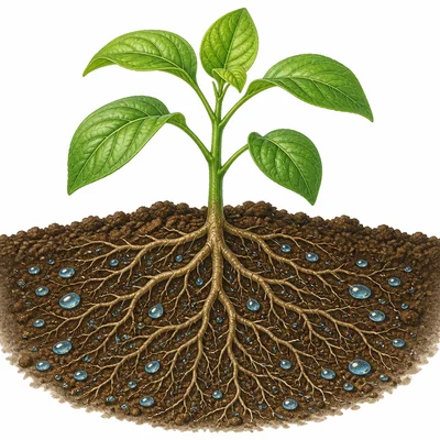 A plant with roots spreading through soil near water droplets.