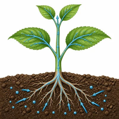 Water travels from soil into roots, up the stem, and to the leaves.