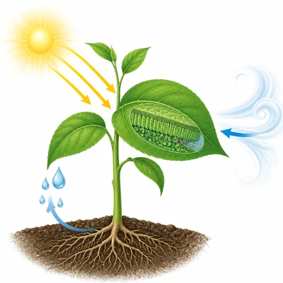 Leaves receive sunlight, water, and air to help make plant food.