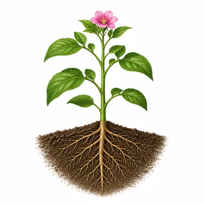 A whole plant showing roots, stem, and leaves.