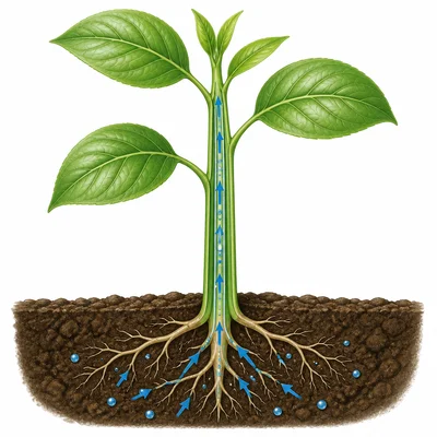 A plant stem holding leaves upright with water moving upward.