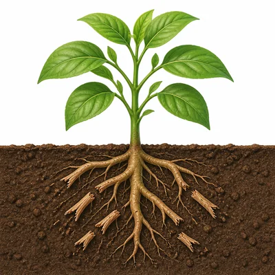 A plant with healthy leaves but broken damaged roots underground.