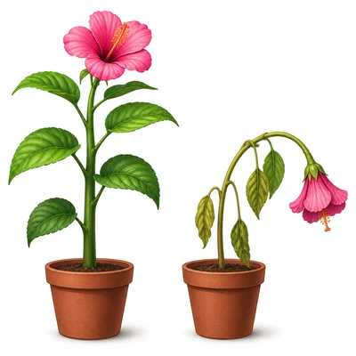 A strong stem supports a plant while a weak stem droops.