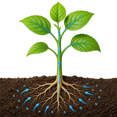 Water moves from roots up the stem to the leaves.