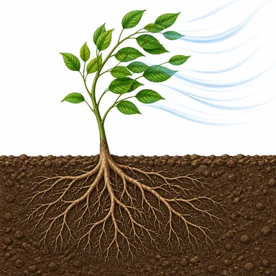 Roots anchor a plant in soil while wind pushes above ground.