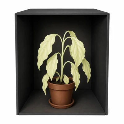 A plant kept in darkness has pale drooping leaves.