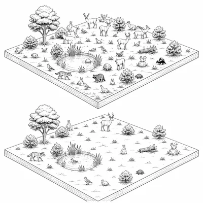 Two equal habitat plots showing many animals crowded in one and fewer animals spread out in the other.