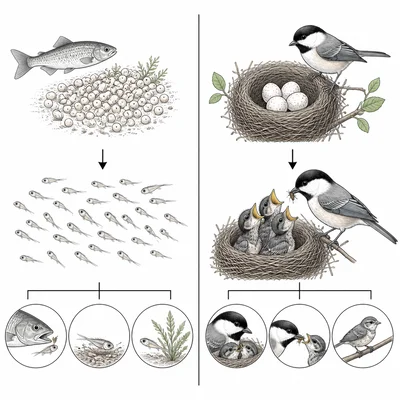 A comparison of many small offspring with little care versus few offspring with parental care.