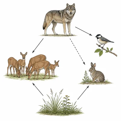 A predator interacting with an herbivore population and a possible non-target native animal.