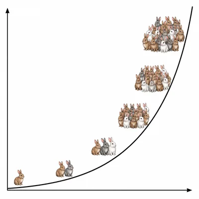 An unlabeled exponential growth curve with rabbit groups increasing rapidly along the curve.