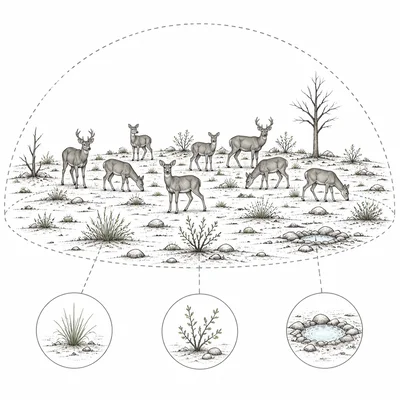 A habitat with limited resources supporting a sustainable group of deer near a capacity boundary.