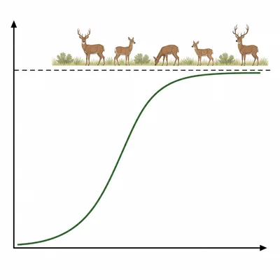 An unlabeled logistic growth curve leveling off near a dashed carrying capacity line with deer icons.