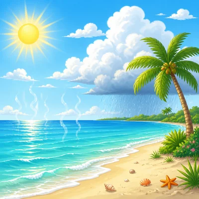 Warm sun heats ocean water, vapor rises, clouds form, and rain falls.