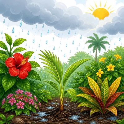 Plants grow well with rain, moist soil, and warm sunlight.