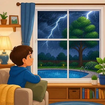A child stays safely inside during a thunderstorm.