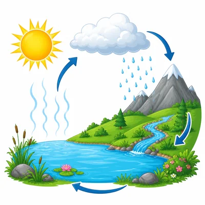 Water cycle diagram showing evaporation, clouds, rain, and water collection.