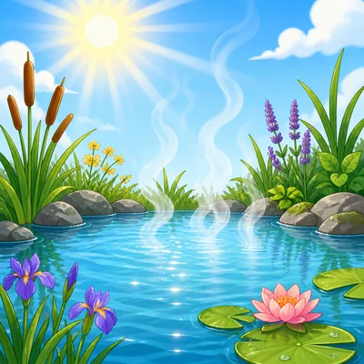 Sun warms pond water and vapor rises into the air.