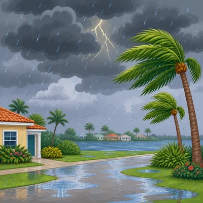 Rain falls from dark storm clouds to the ground.