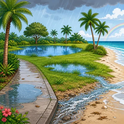 Rainwater collects in puddles, a pond, grass, and near the ocean.