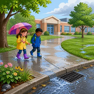 Rainwater soaks into grass, forms puddles, and flows into a storm drain.