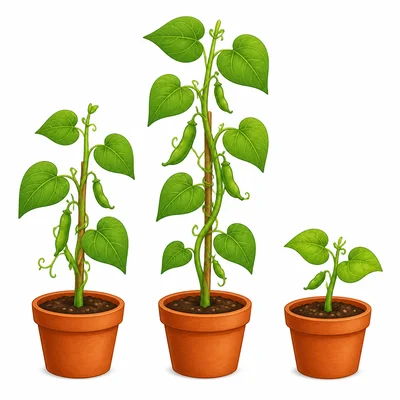 Three bean plants in pots, with the middle plant the tallest.