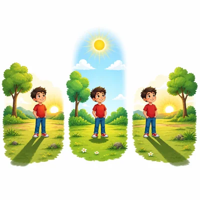 A child’s shadow is long, then short, then long as the sun changes position.