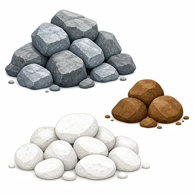 Three rock piles by color, with the brown pile having the fewest rocks.