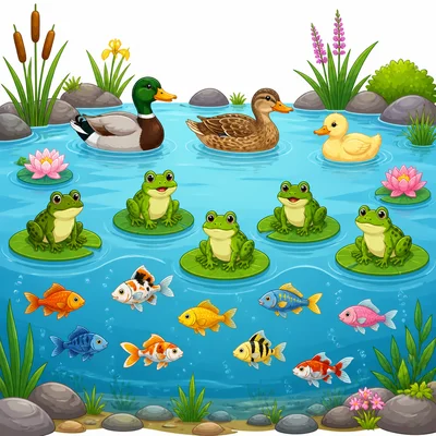 A pond with frogs, fish, and ducks to count.